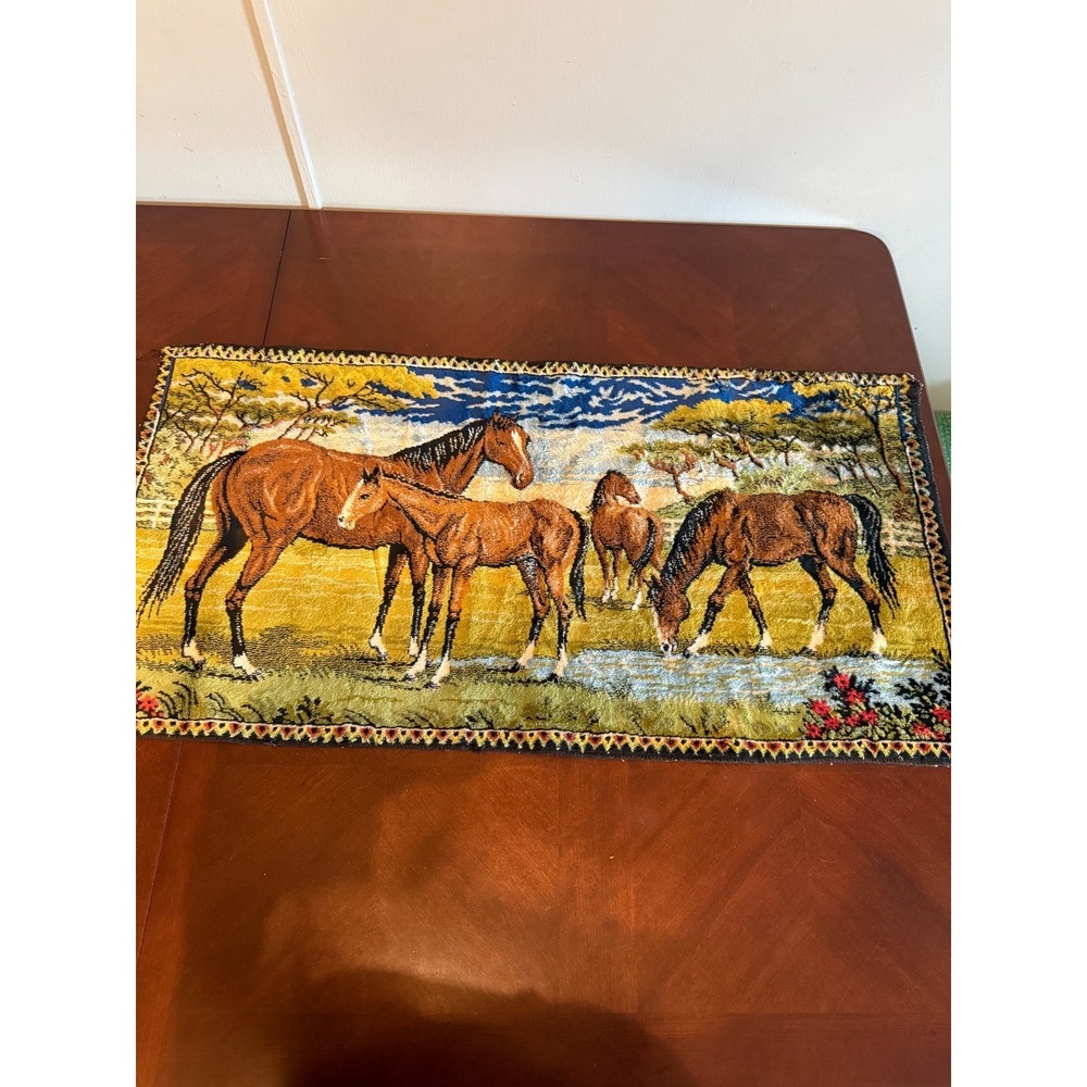 Vintage Velvet Horse Tapestry Wall Hanging Rug Equestrian Scene